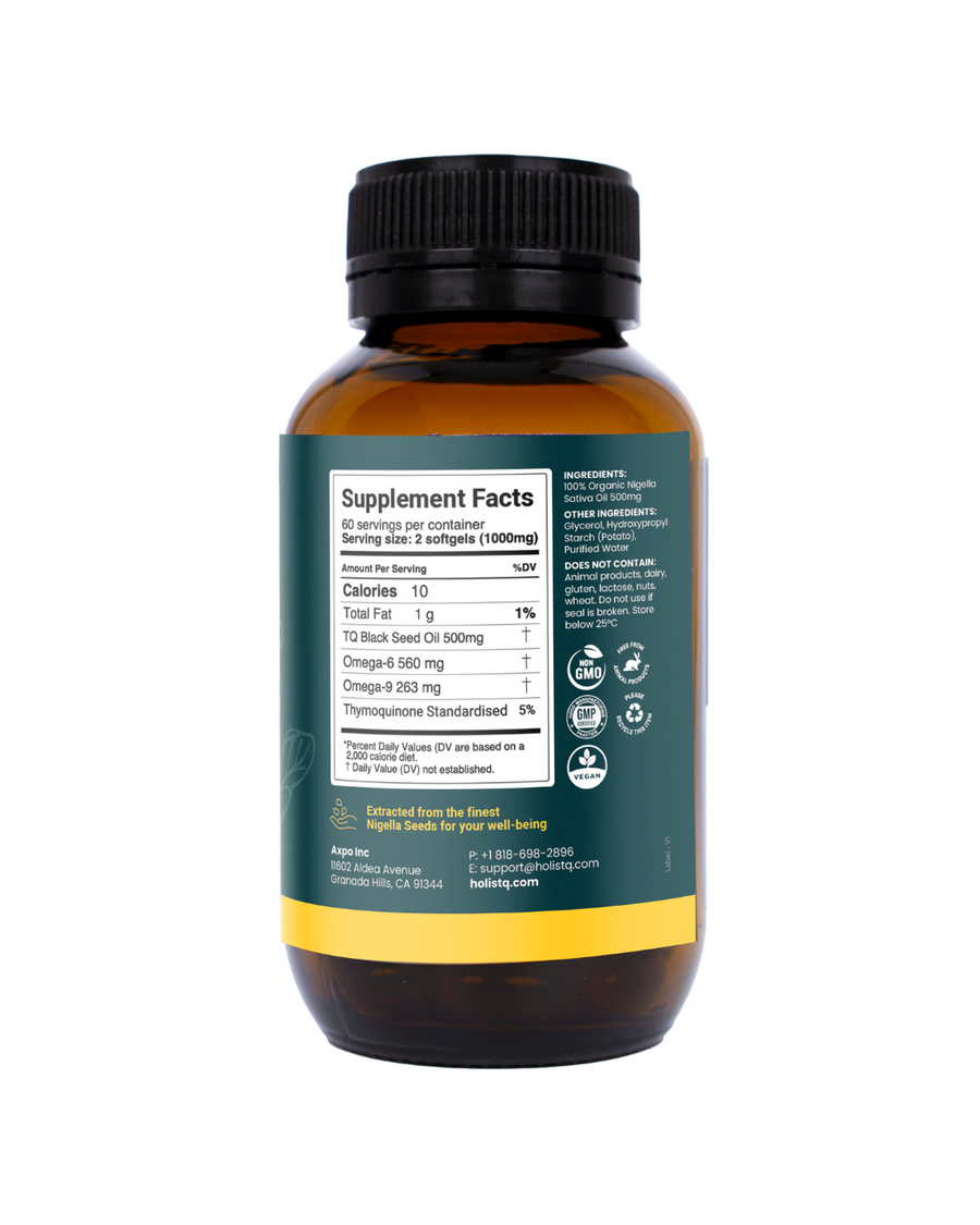 Holistq Black Seed Oil supplement facts label