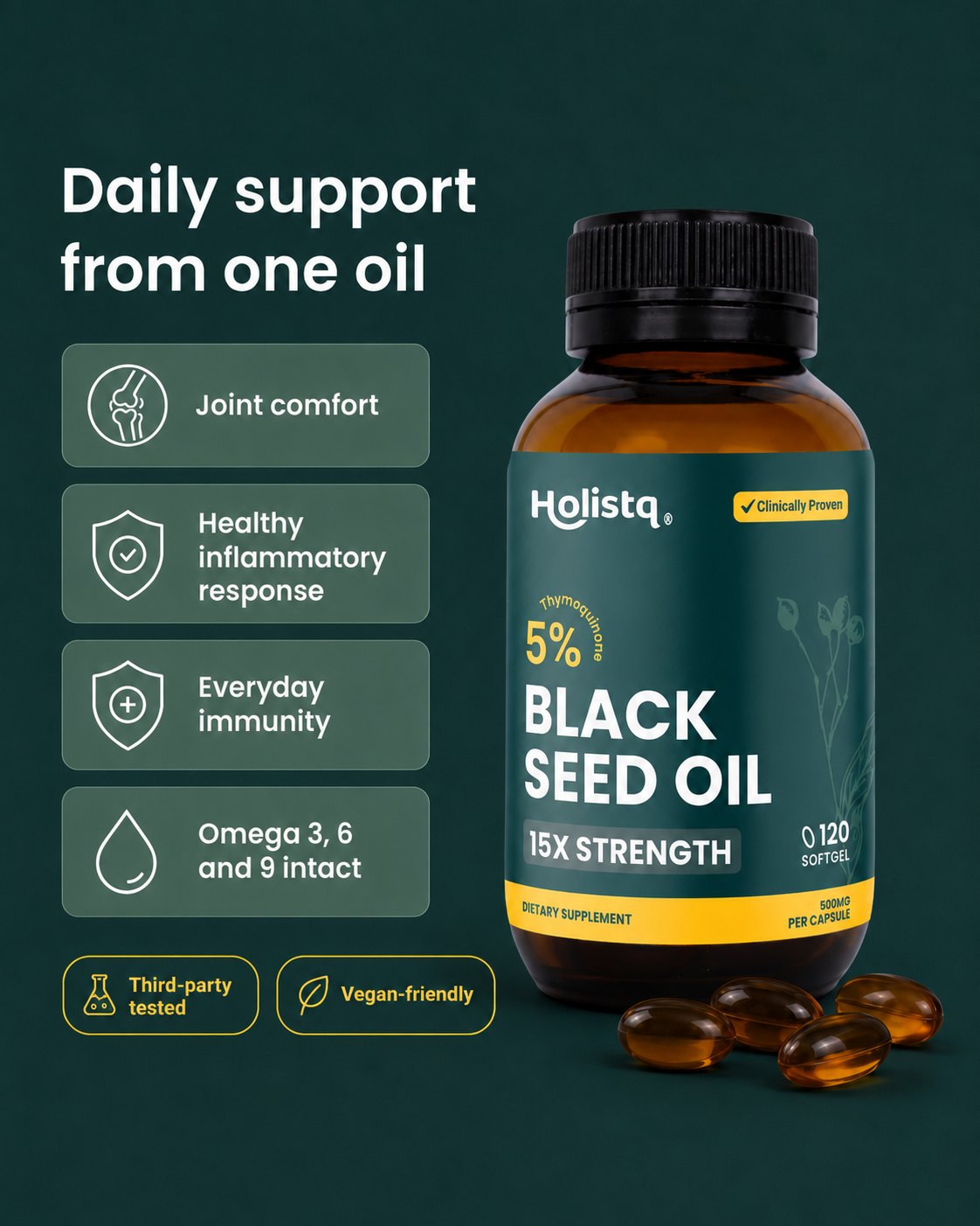 Daily support from one oil: joint comfort, healthy inflammatory response, everyday immunity, omega 3, 6 and 9 intact