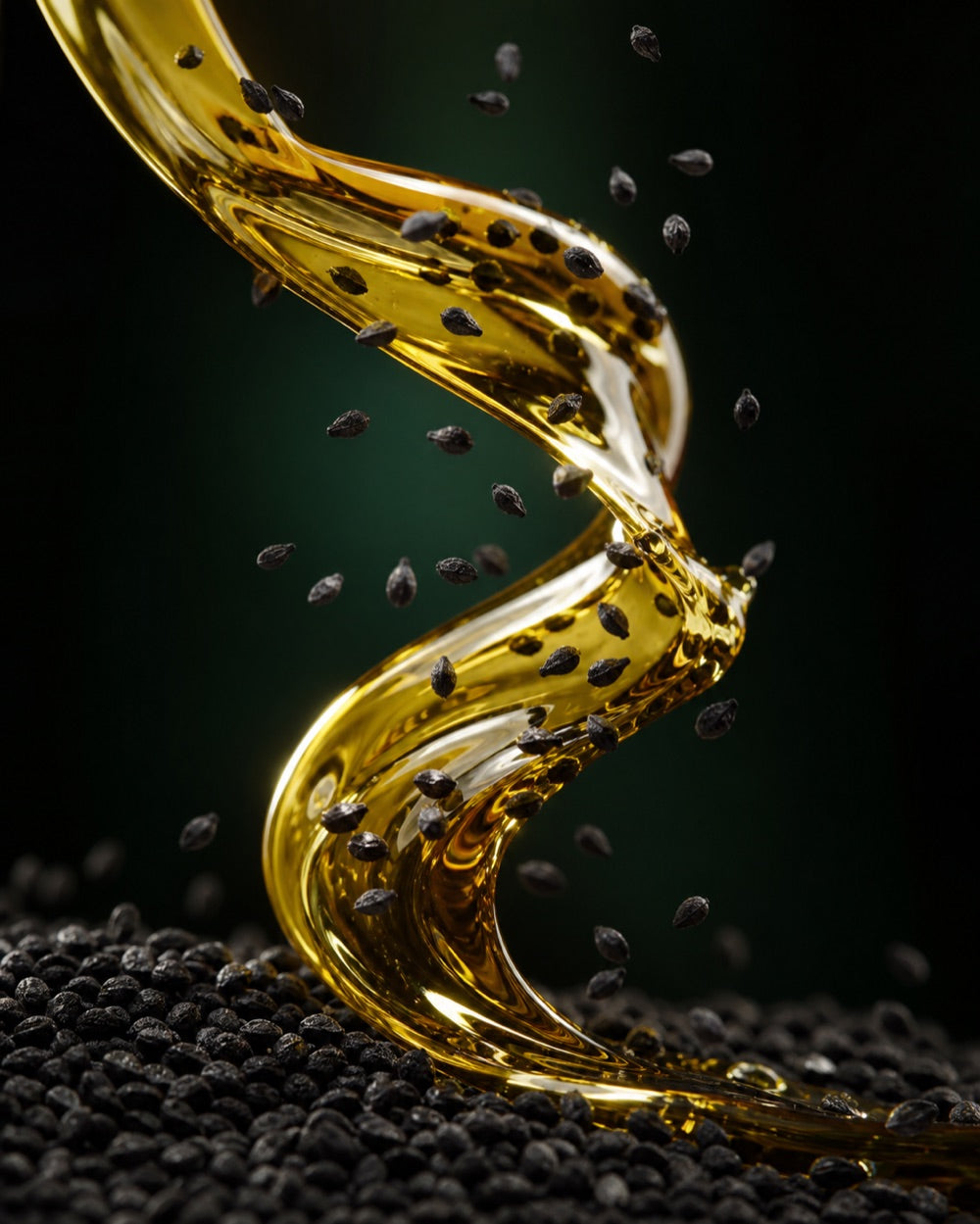 Cold-pressed black seed oil swirling with seeds