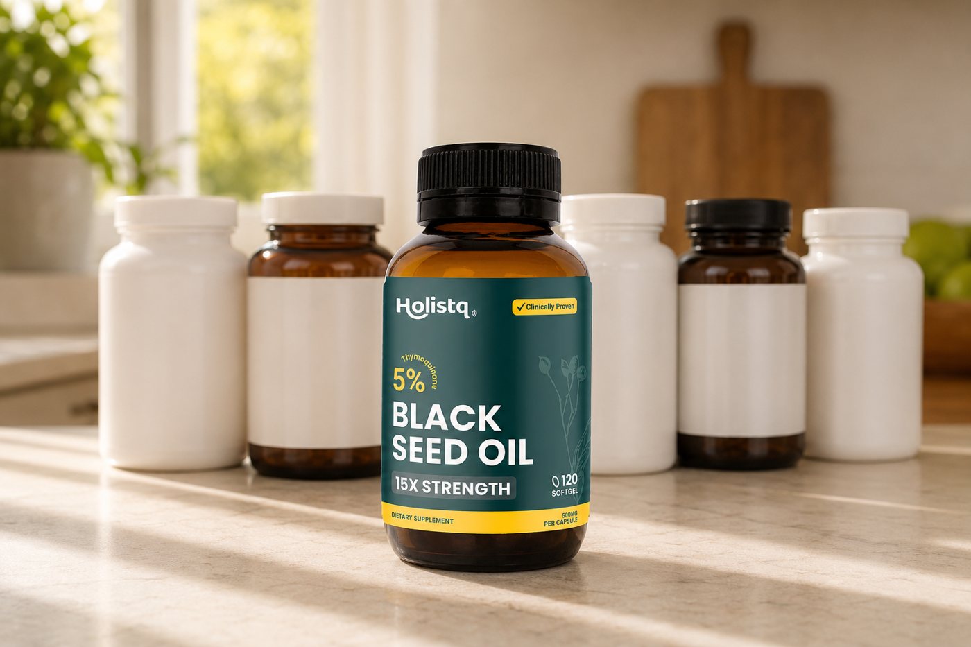 Holistq in front of a row of blank-label supplement bottles, the only label stating a TQ number